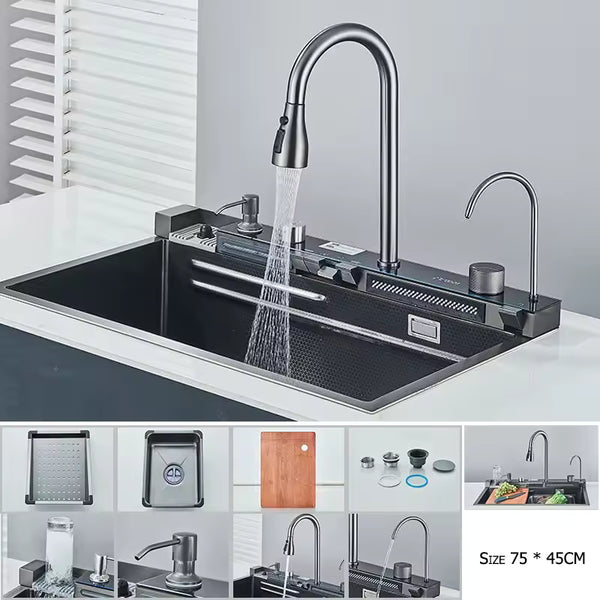 Chiuvetă de bucătărie inteligentă CascadeLux – cu 2 cascade, display digital pentru temperatură, acc