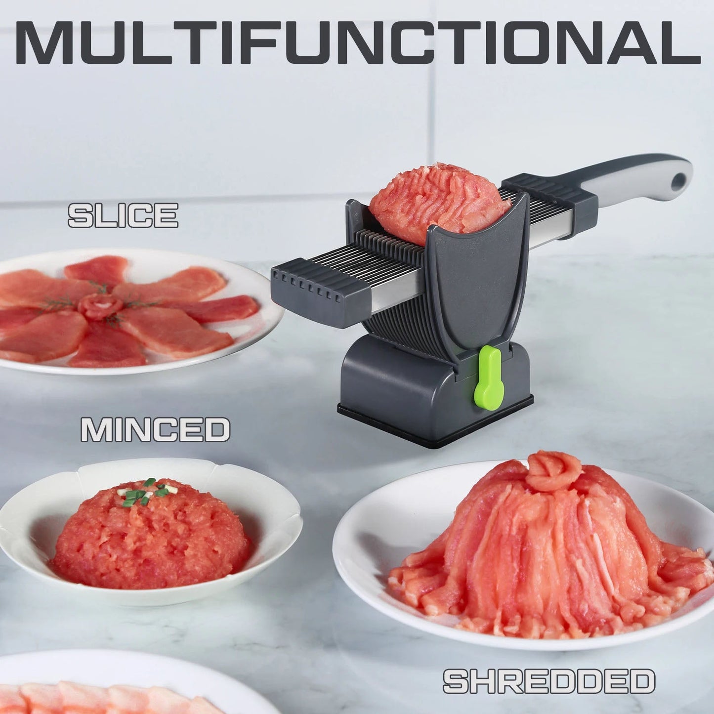 Feliator Profesional pentru Carne cu Lame Multiple din Inox Alimentar și Grosime Ajustabilă (2–4 mm) – Ideal pentru Tărtar, Fâșii, Felii și Cuburi de Carne