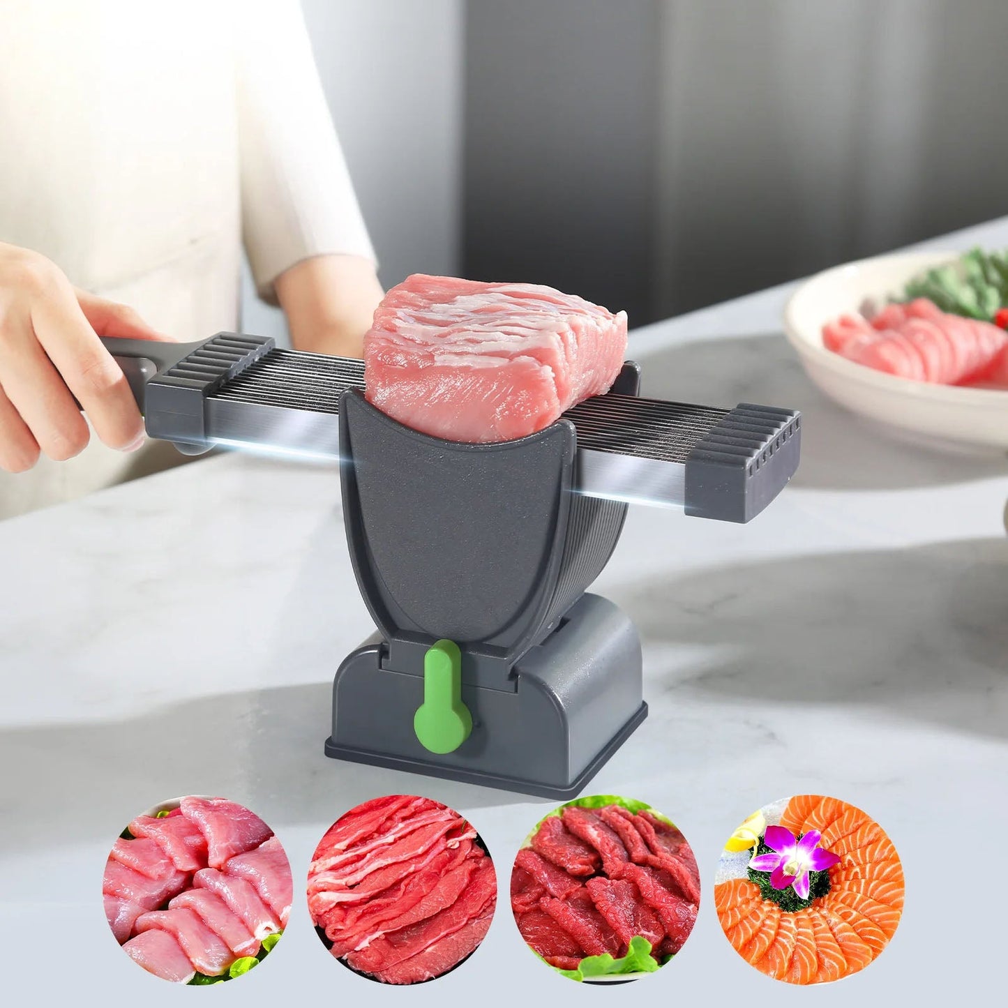Feliator Profesional pentru Carne cu Lame Multiple din Inox Alimentar și Grosime Ajustabilă (2–4 mm) – Ideal pentru Tărtar, Fâșii, Felii și Cuburi de Carne
