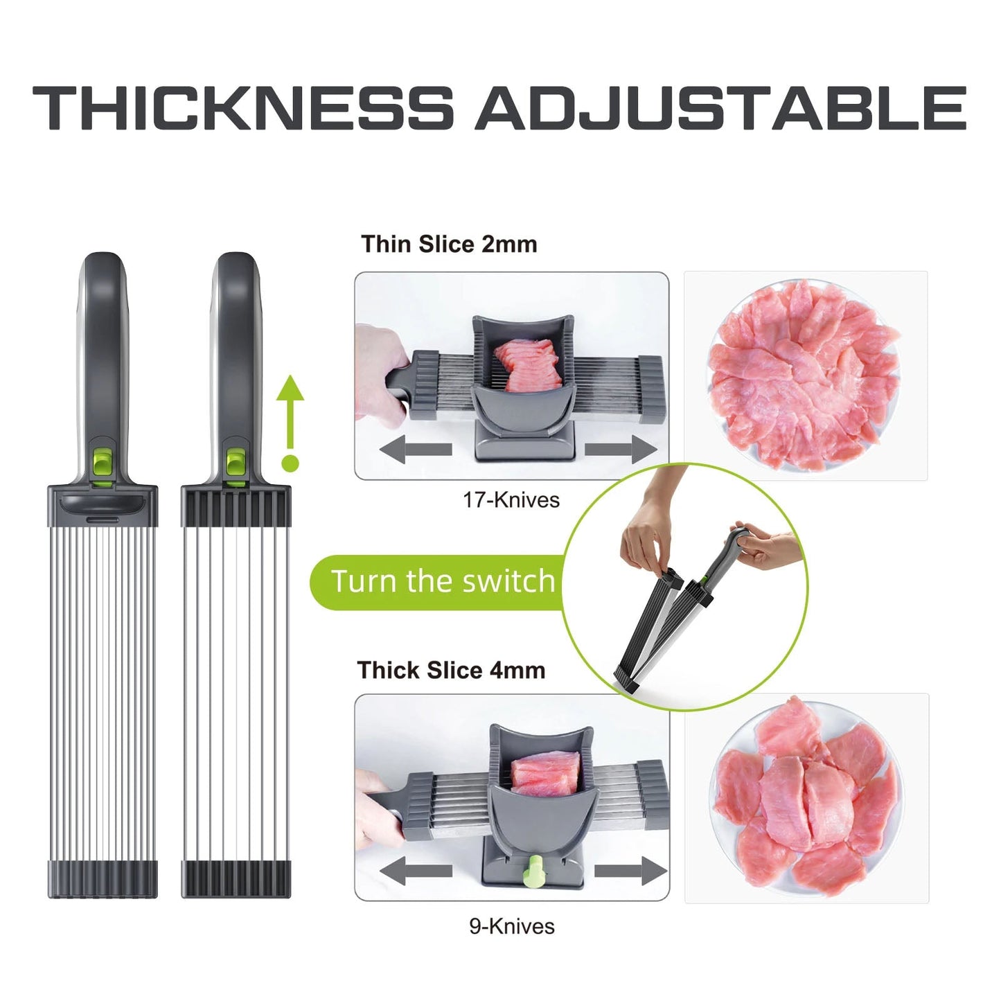 Feliator Profesional pentru Carne cu Lame Multiple din Inox Alimentar și Grosime Ajustabilă (2–4 mm) – Ideal pentru Tărtar, Fâșii, Felii și Cuburi de Carne